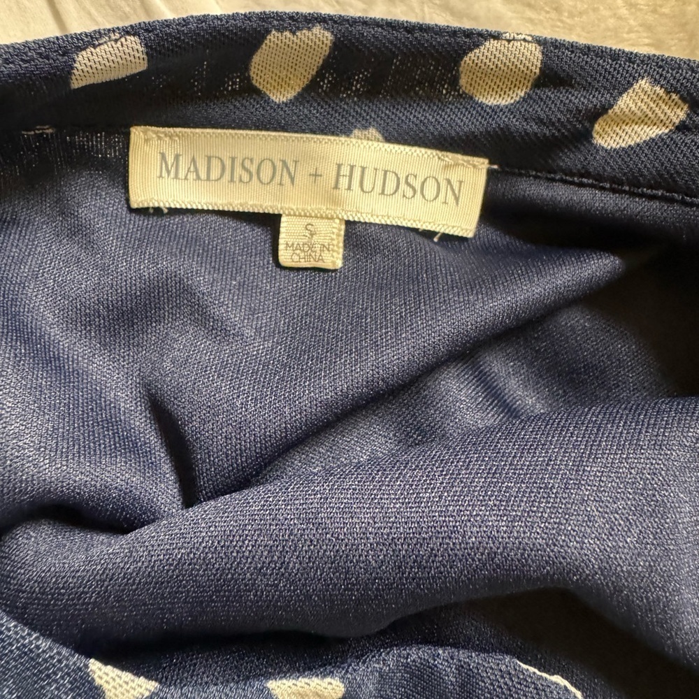 Madison + Hudson Navy Polka Dot Ruched Sheer Sleeve Dress Size Small - Picture 5 of 6
